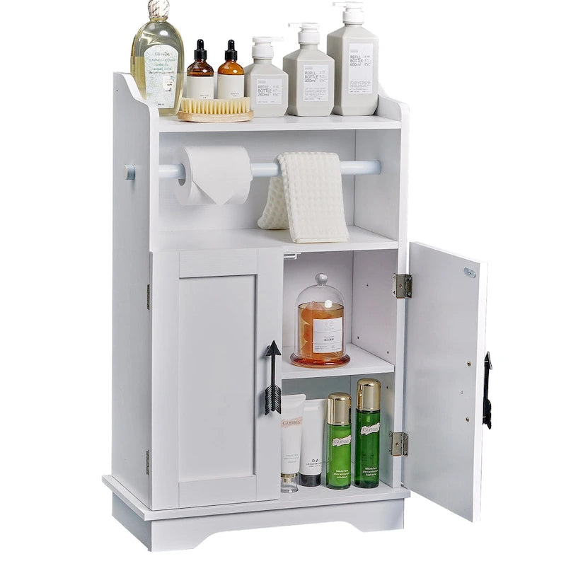 Gabinete de almacenamiento para baño, gabinete de suelo de madera con 2 puertas y soporte para rollo de papel higiénico, estante ajustable