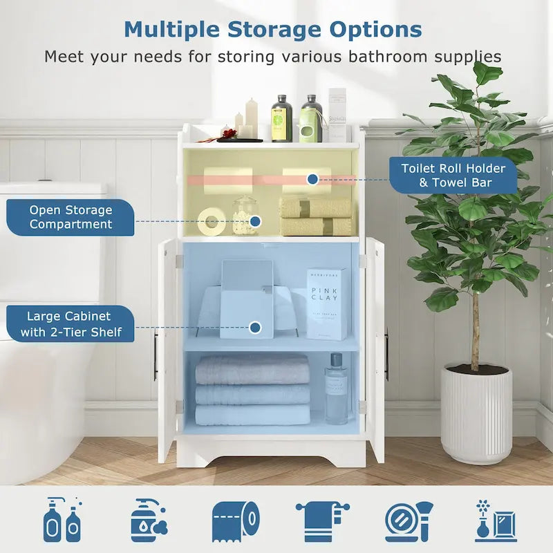 Gabinete de almacenamiento para baño, gabinete de suelo de madera con 2 puertas y soporte para rollo de papel higiénico, estante ajustable