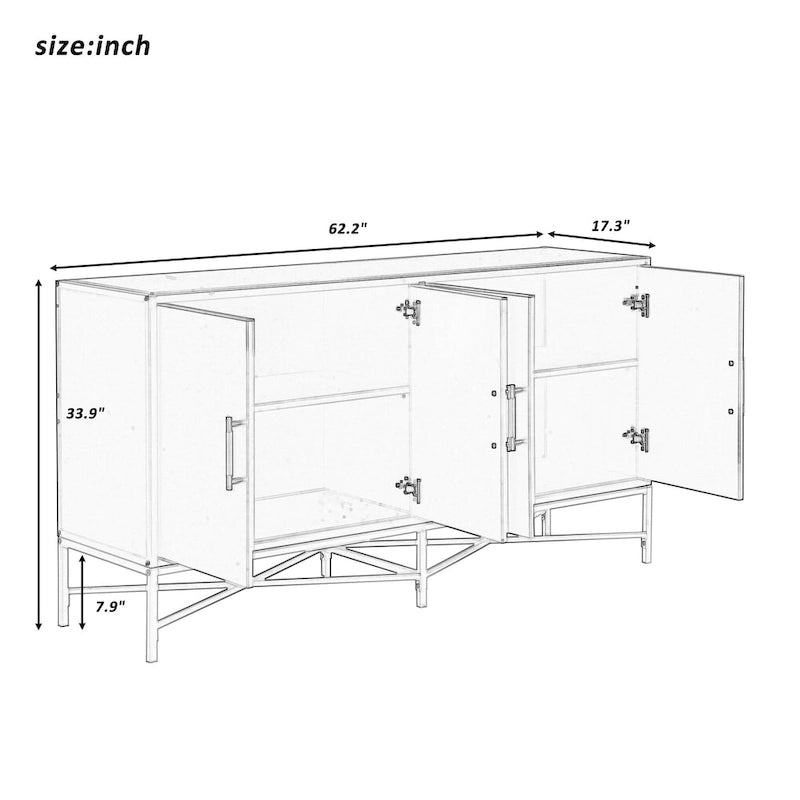 Aparador de cuatro puertas con estructura de metal y diseño de patas cruzadas