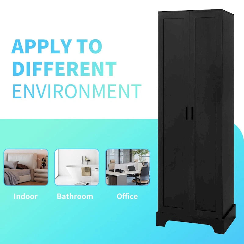 Armario de almacenamiento con dos puertas, estante ajustable, tablero MDF, negro