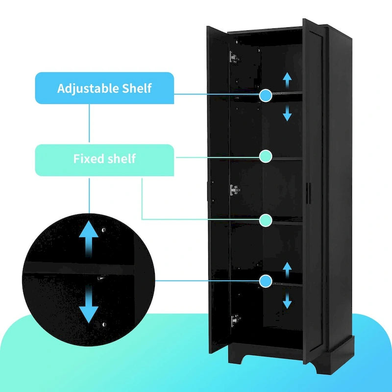 Armario de almacenamiento con dos puertas, estante ajustable, tablero MDF, negro