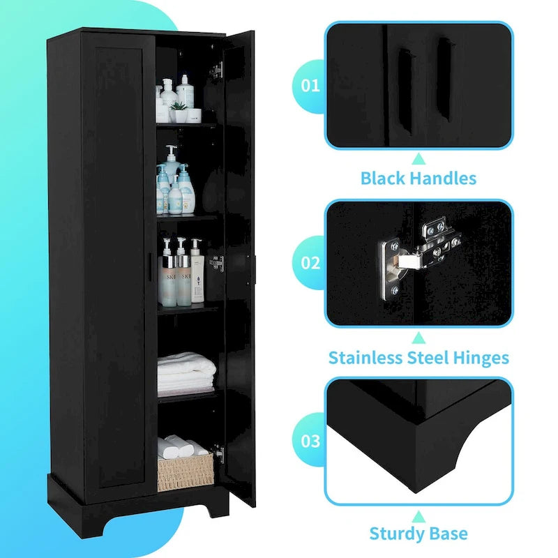 Armario de almacenamiento con dos puertas, estante ajustable, tablero MDF, negro