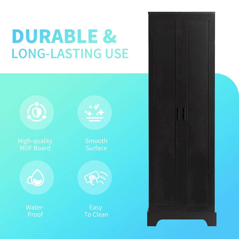 Armario de almacenamiento con dos puertas, estante ajustable, tablero MDF, negro