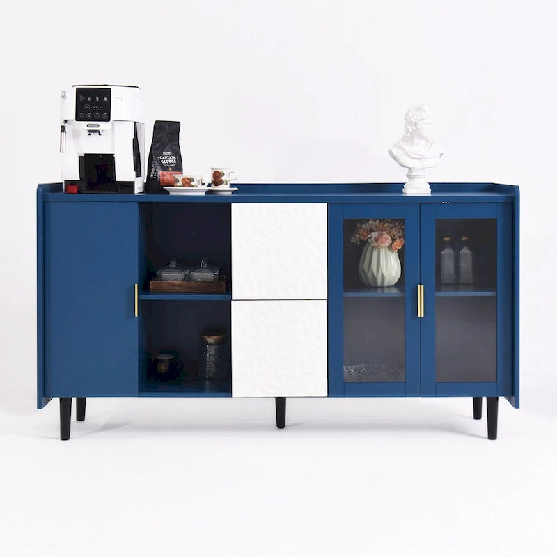 Sideboard Buffet Cabinet, Storage Cabinet with Red Doors, 2 Drawers with unique panel styling and 2 Open Storage Compartment
