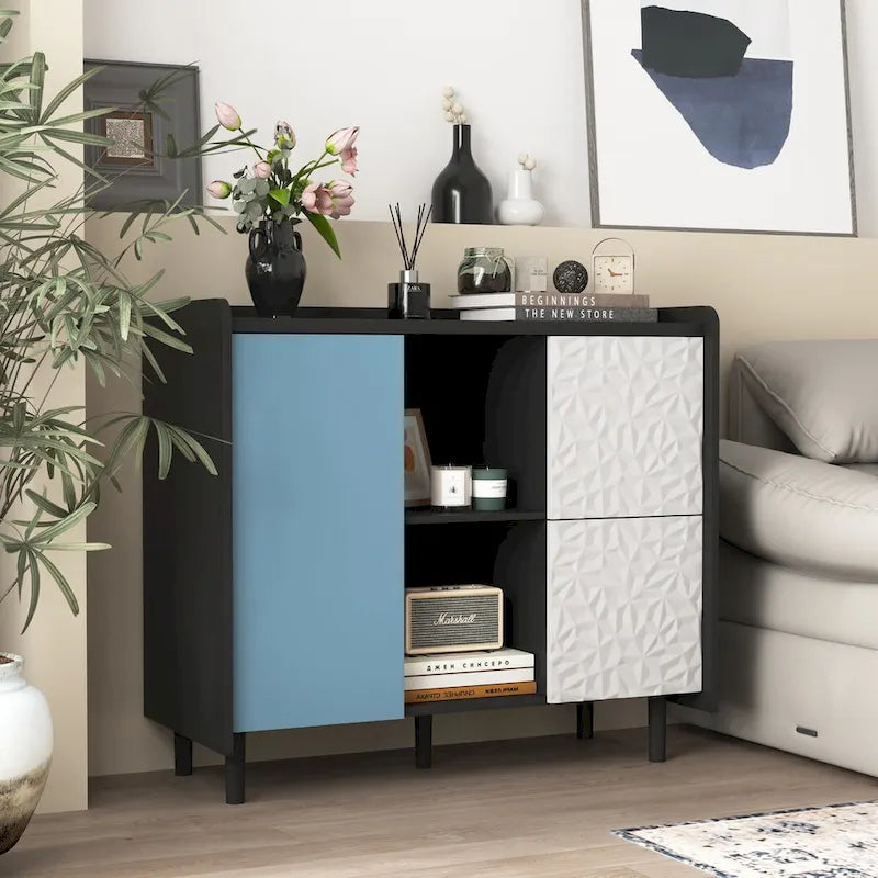 Dressoir buffetkast met rode deuren, 2 lades en 2 open opbergvakken