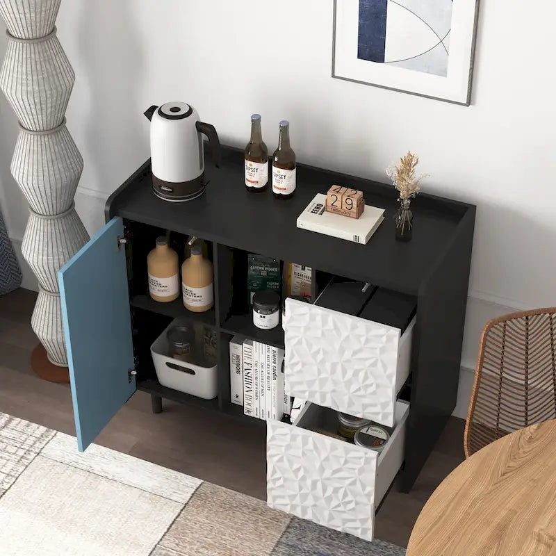 Dressoir buffetkast met rode deuren, 2 lades en 2 open opbergvakken