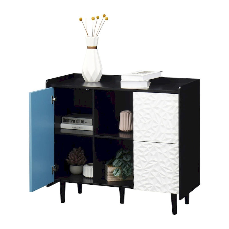 Dressoir buffetkast met rode deuren, 2 lades en 2 open opbergvakken