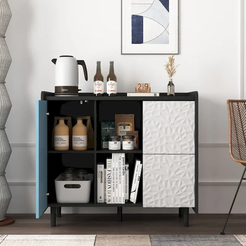 Dressoir buffetkast met rode deuren, 2 lades en 2 open opbergvakken