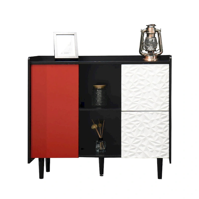 Dressoir buffetkast met rode deuren, 2 lades en 2 open opbergvakken