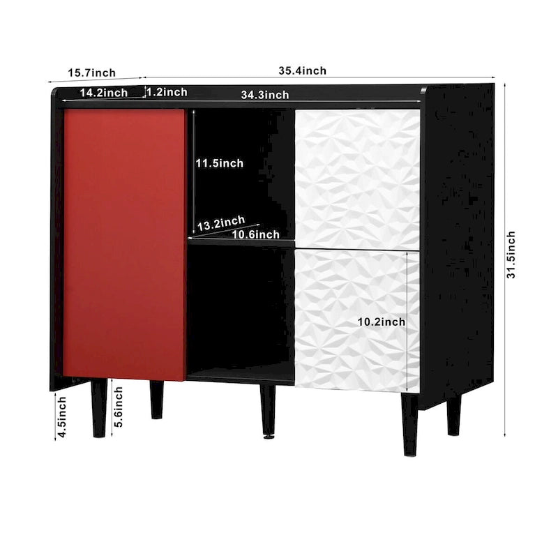 Dressoir buffetkast met rode deuren, 2 lades en 2 open opbergvakken