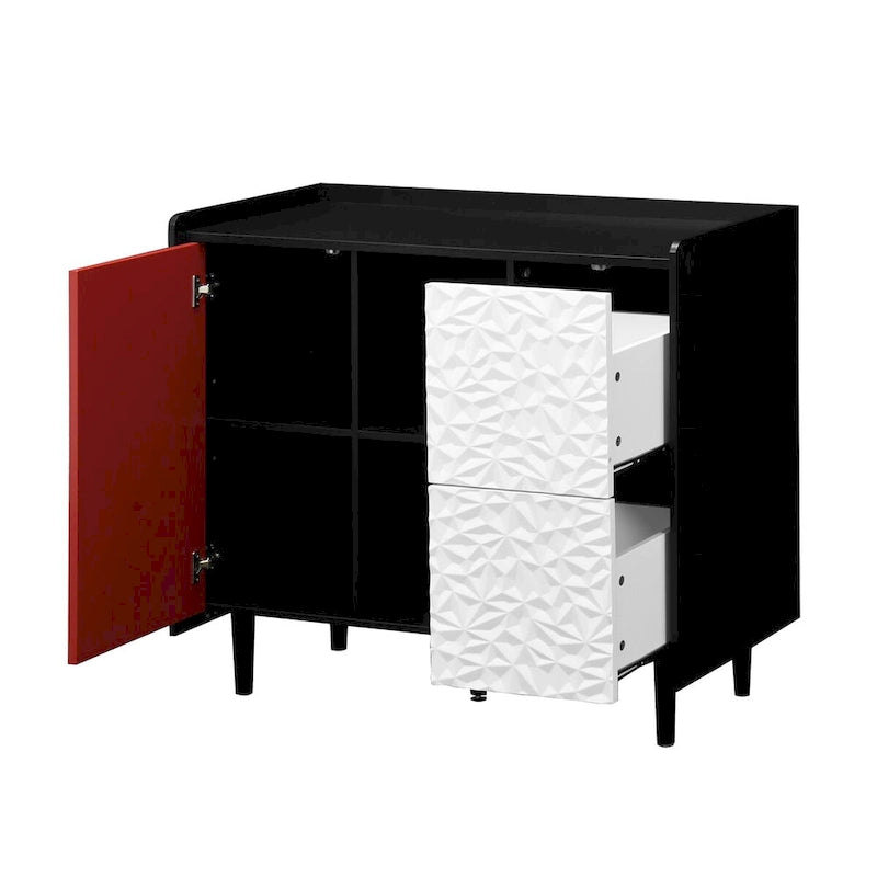 Dressoir buffetkast met rode deuren, 2 lades en 2 open opbergvakken